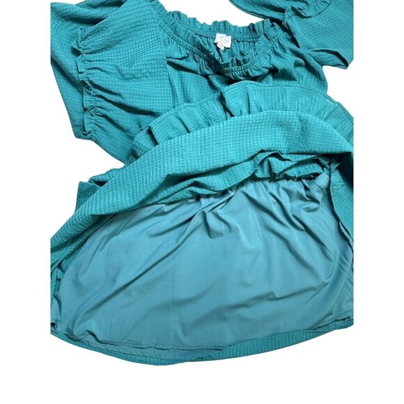 LELIS Collection-Shoulder Teal Mini Dress Size m With Bell Sleeves & Ruffle Deta - Picture 8 of 10